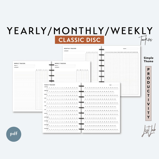 Classic Discbound YEARLY-MONTHLY-WEEKLY Trackers Set Printable Insert Set