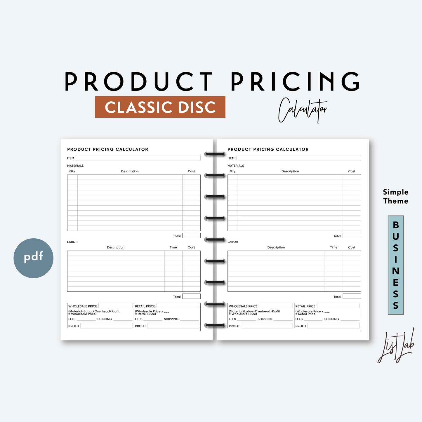 Classic Discbound PRODUCT PRICING CALCULATOR Printable Insert Set