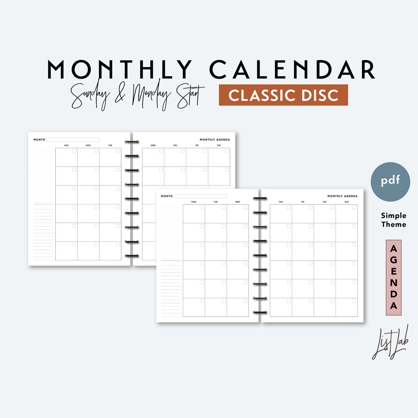 Classic Discbound MONTH on 2 PAGES CALENDAR Printable Insert Set