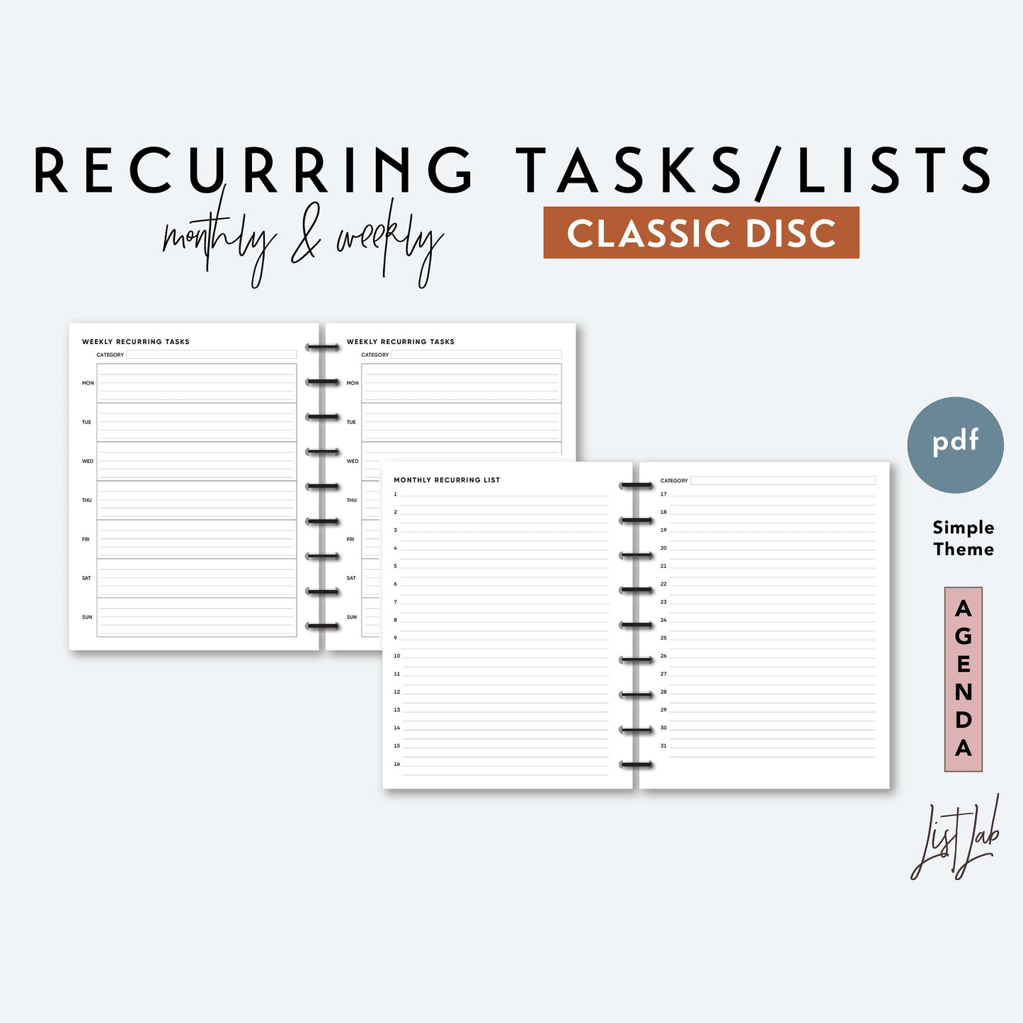 Classic Discbound MONTHLY & WEEKLY RECURRING TASKS & LISTS Printable Insert Set