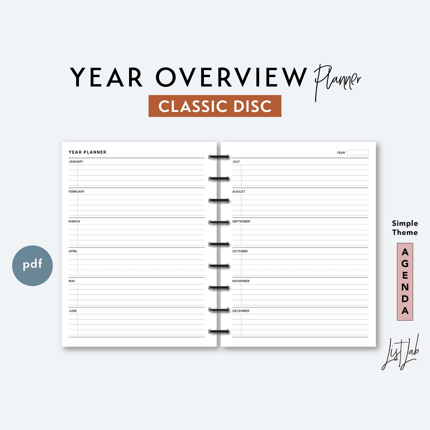 Classic Discbound YEAR OVERVIEW PLANNER Printable Insert Set
