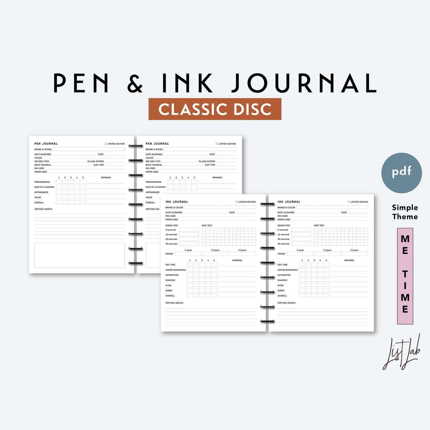 Classic Discbound PEN AND INK JOURNAL Set Printable Insert Set