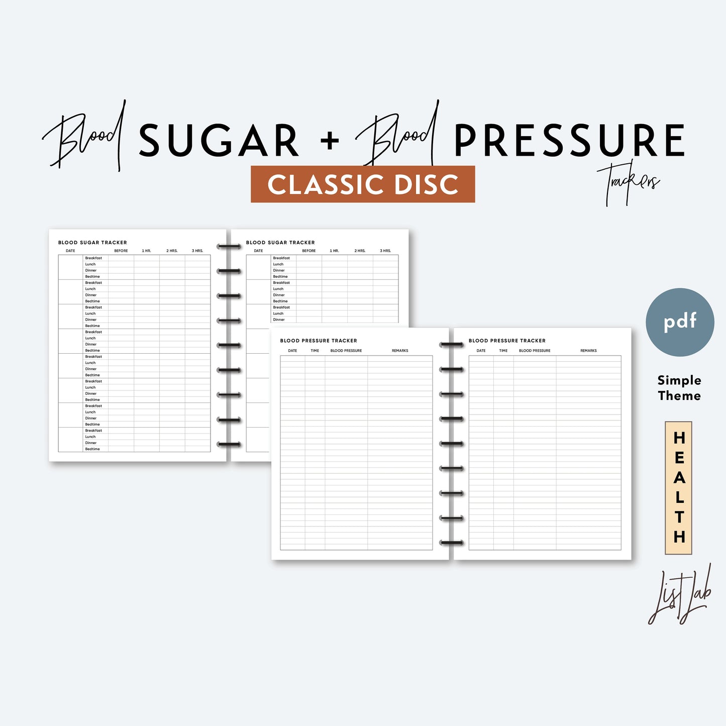 Classic Discbound BLOOD SUGAR and Blood PRESSURE TRACKERS Printable Insert Set