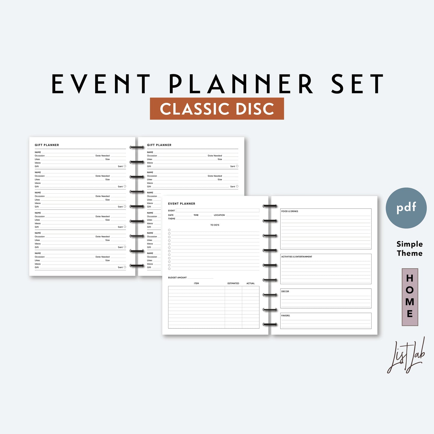 Classic Discbound EVENT PLANNER and GIFT PLANNER Set Printable Insert Set