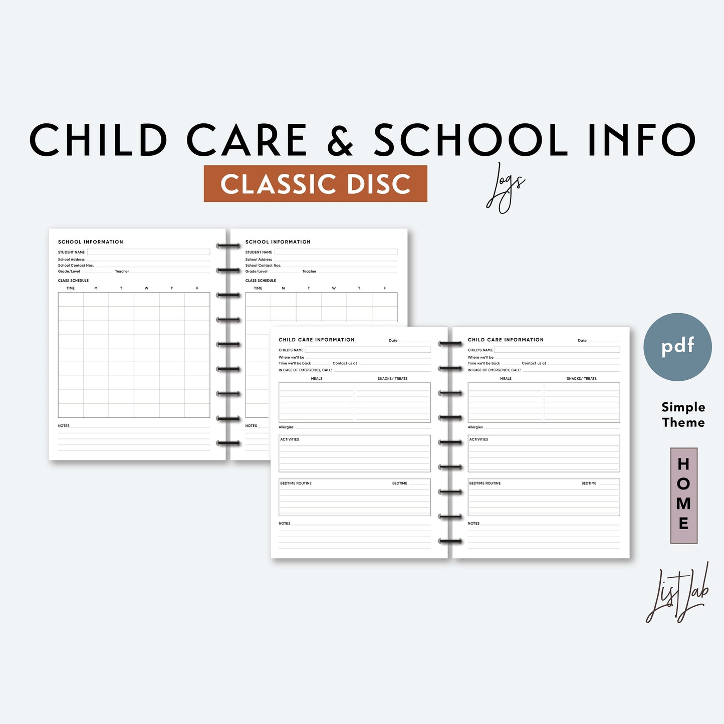 Classic Discbound CHILD CARE & SCHOOL INFO LOGS Printable Insert Set