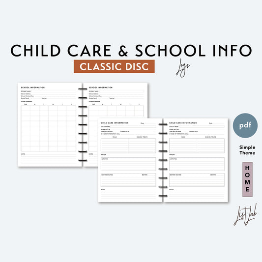 Classic Discbound CHILD CARE & SCHOOL INFO LOGS Printable Insert Set