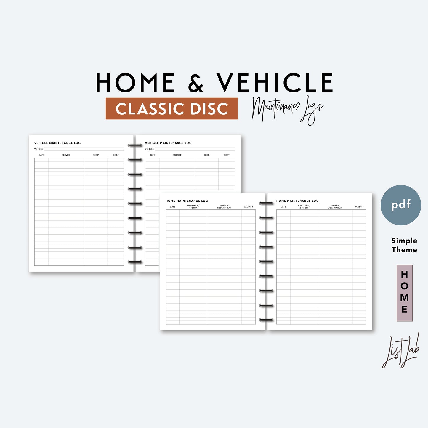 Classic Discbound HOME and VEHICLE Maintenance Logs Printable Insert Set