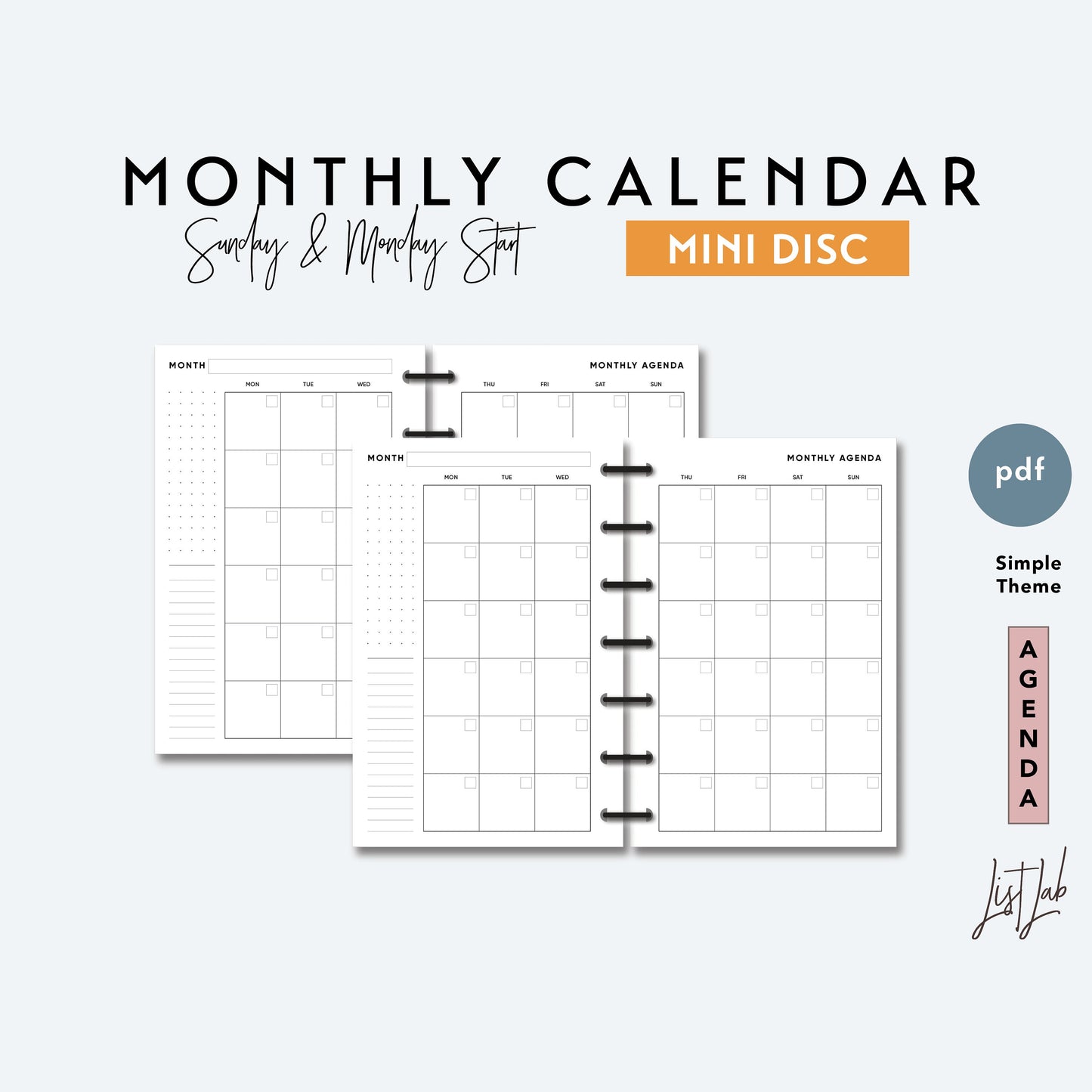 Mini Discbound MONTH ON 2 PAGES CALENDAR Printable Insert Set