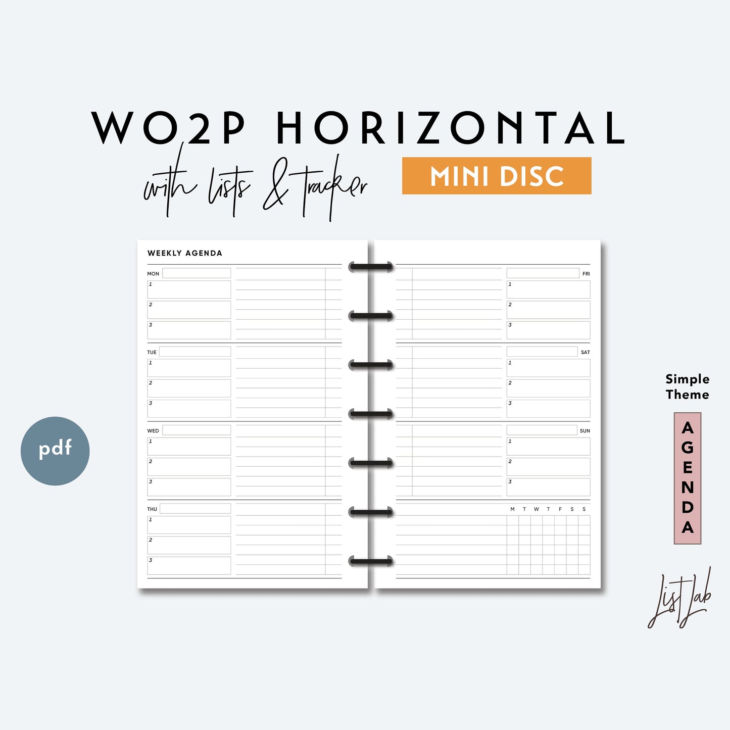 MINI Discbound WO2P HORIZONTAL with Lists and Tracker Printable Insert Set