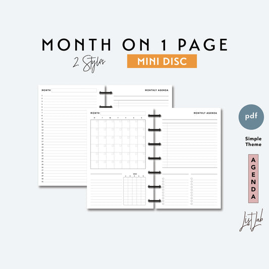 Mini Discbound MONTH ON 1 PAGE Set with Lists and Tracker Printable Insert Set