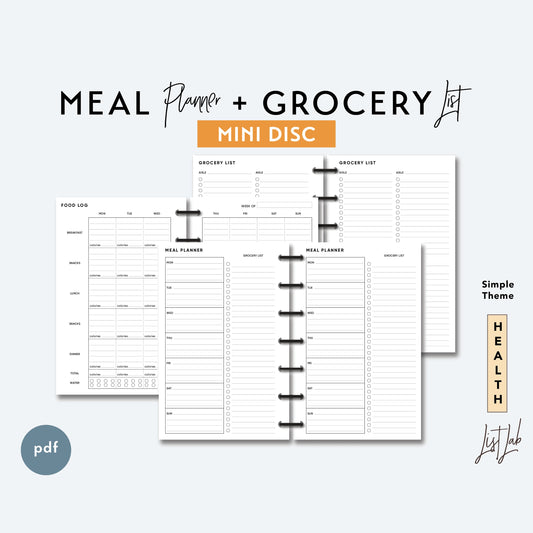Mini Discbound MEAL PLANNER and GROCERY List Printable Insert Set