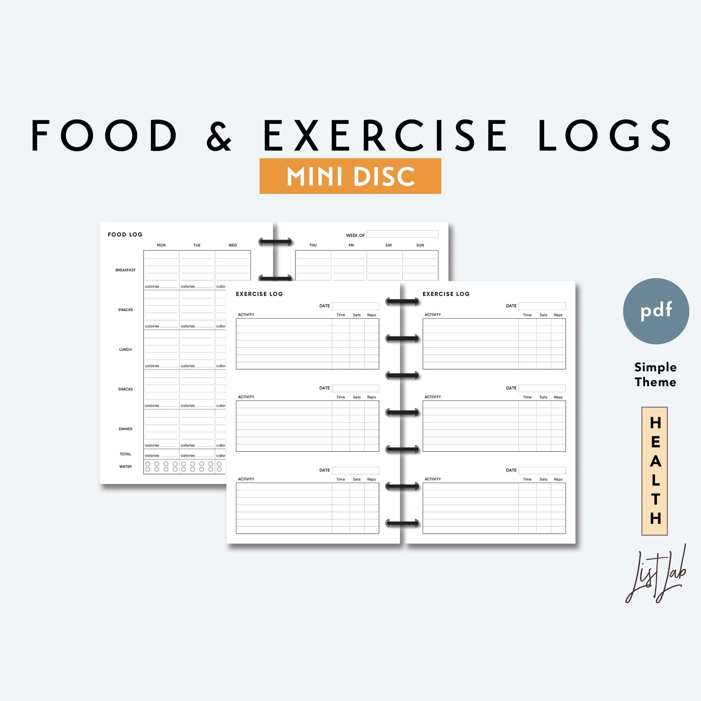 Mini Discbound FOOD and EXERCISE LOGS Printable Insert Set