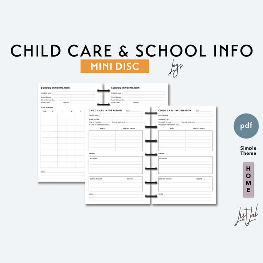 MINI Discbound CHILD CARE & SCHOOL INFO LOGS Printable Insert Set
