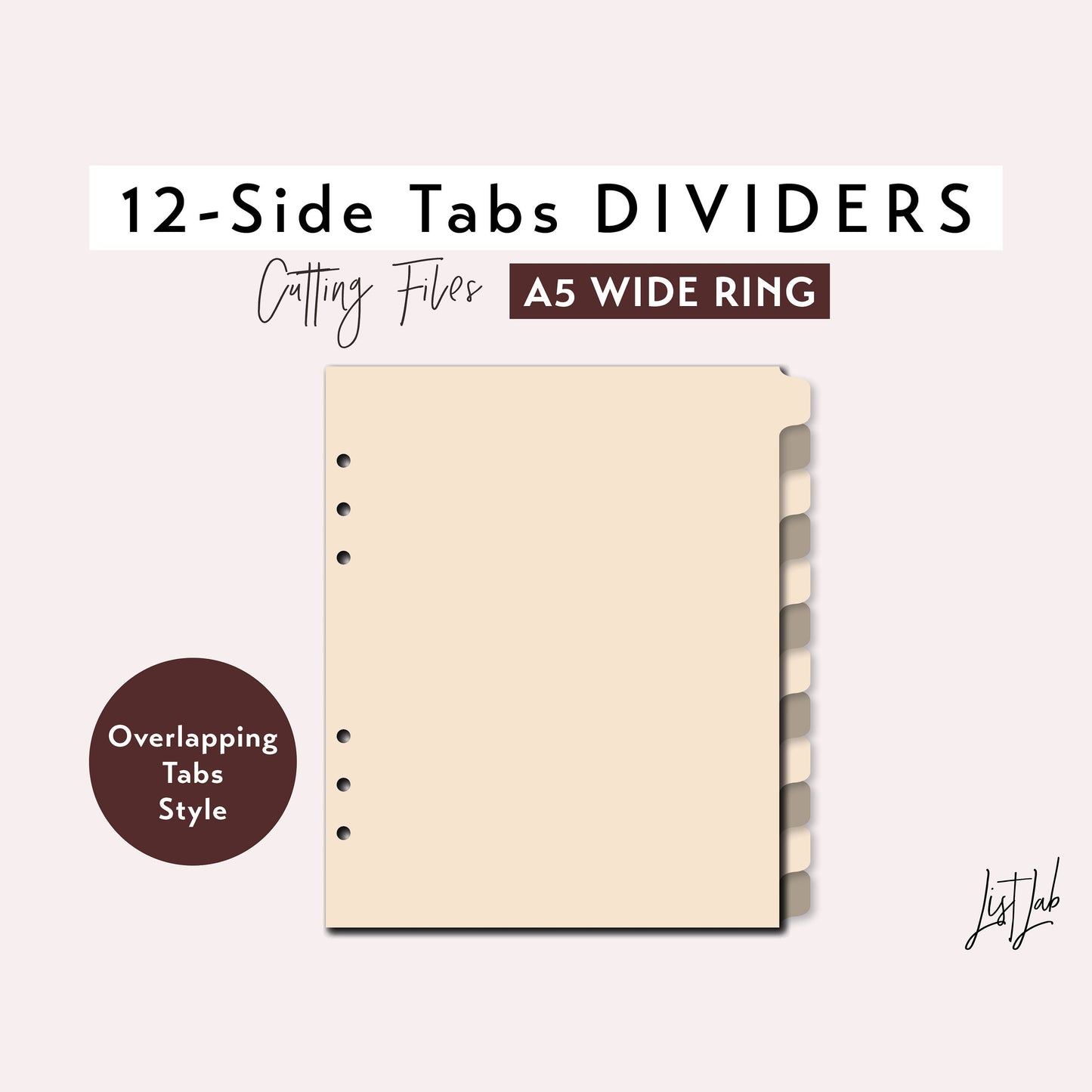 A5 WIDE Ring 12 SIDE Tab Dividers Cutting Files Set