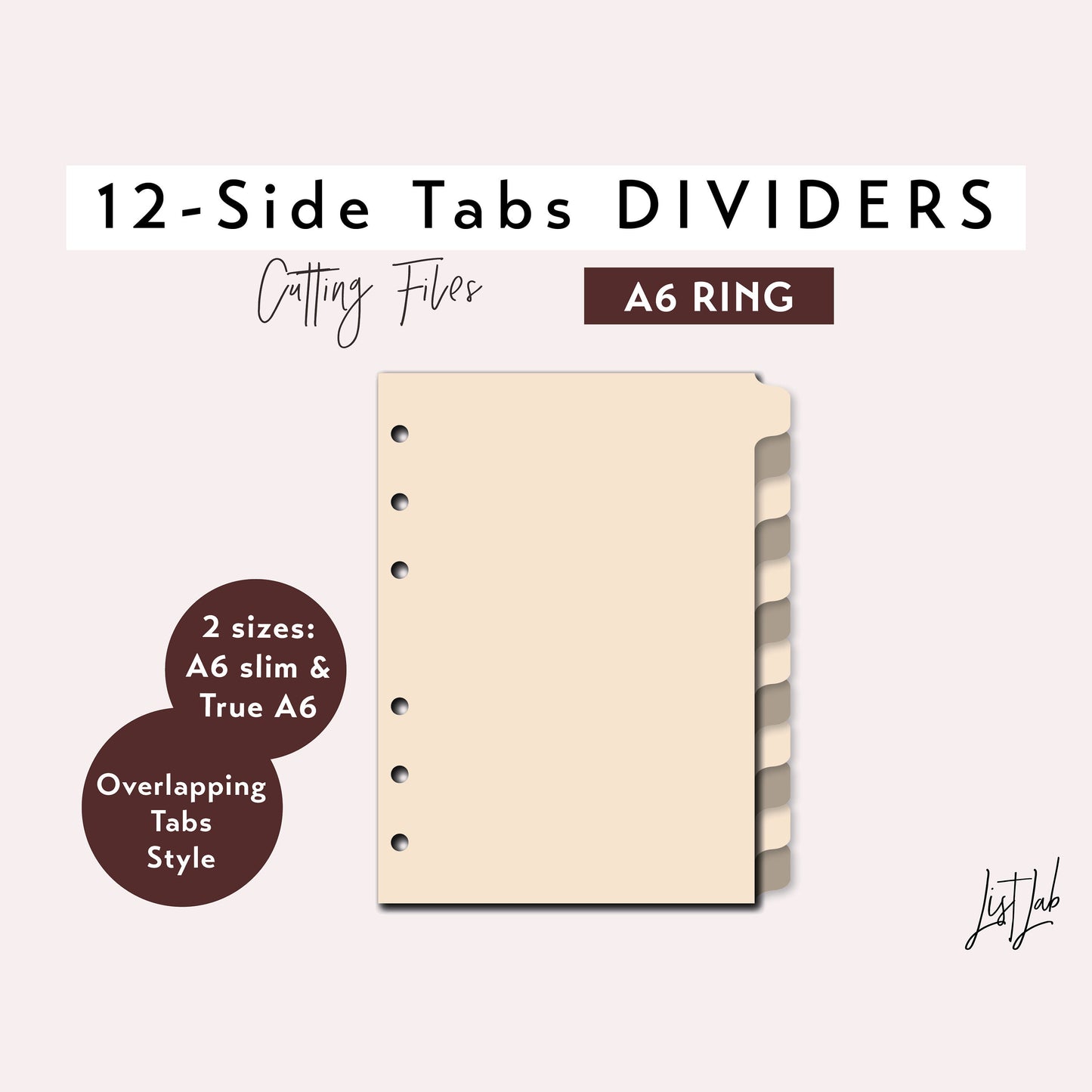 A6 Ring size 12-SIDE Tab Dividers Cutting Files Set
